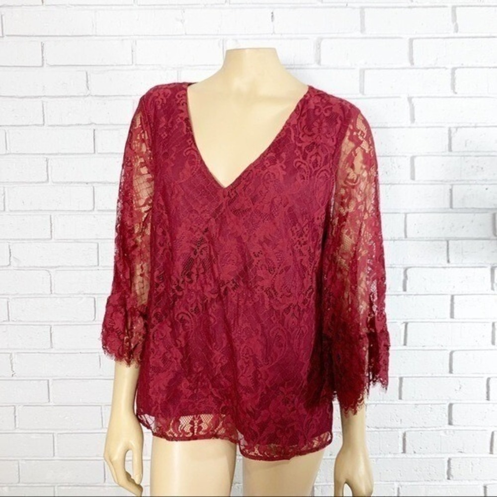ModCloth Through the Bluebells Burgundy Floral Lace V-Neck Bell Sleeve NWT L